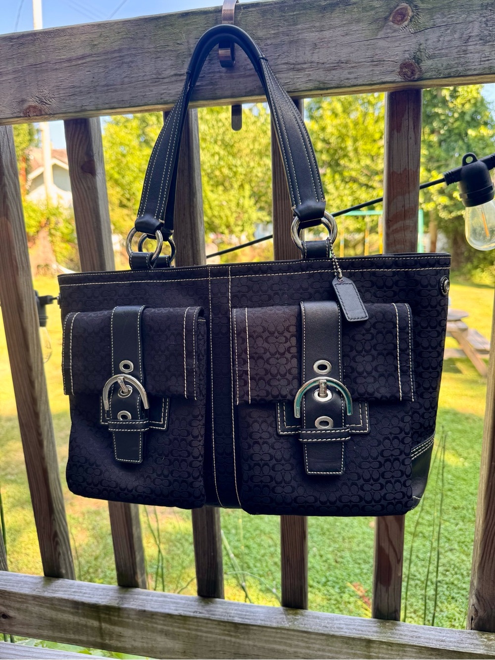Coach Black VTG Y2K Signature Jacquard fabric & leather Tote, Satchel BAG - Picture 3 of 13